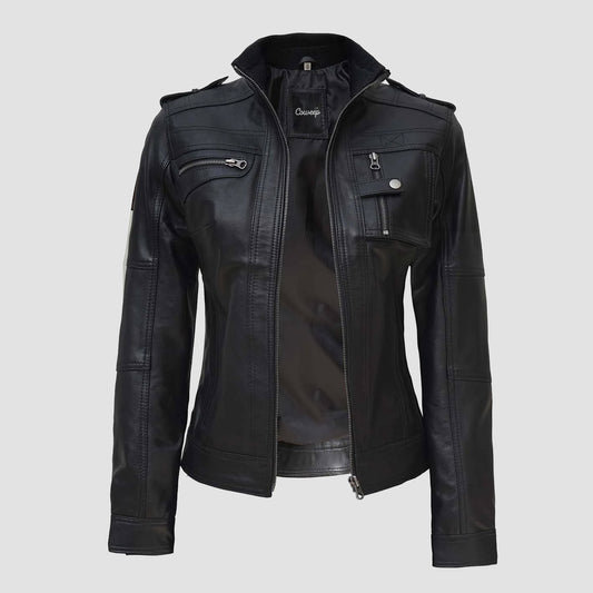Womens Black Leather Moto Jacket Tavares