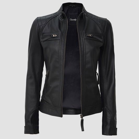 Womens Black Quilted Petite Motorcycle Leather Jacket
