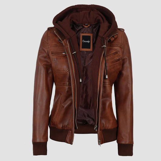 Edinburgh Brown Bomber Leather hooded Jacket 