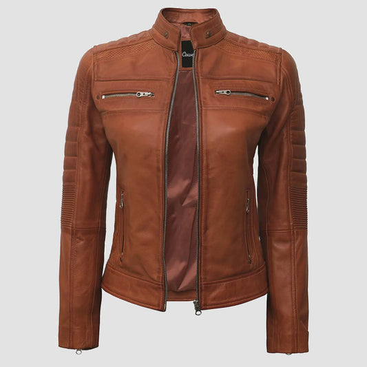 Womens Brown Quilted Cafe Racer Jacket
