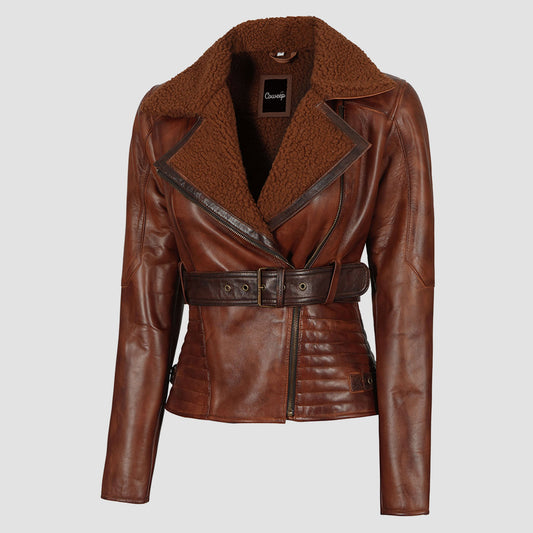 Womens Brown Shearling Collar Leather Jacket