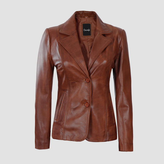 Womens Cognac Leather Blazer Jacket