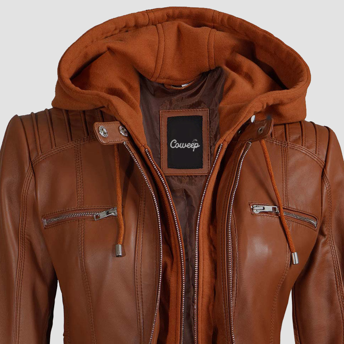 Women's Brown Café Racer Jacket With Removable Hood