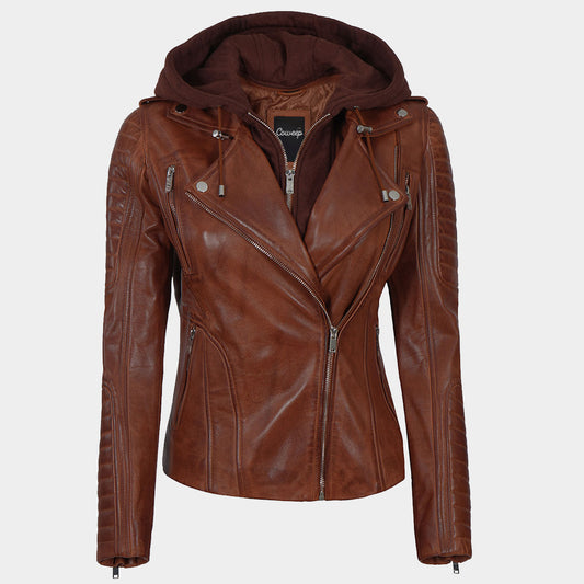 Womens Cognac Leather Jacket with Removable Hood