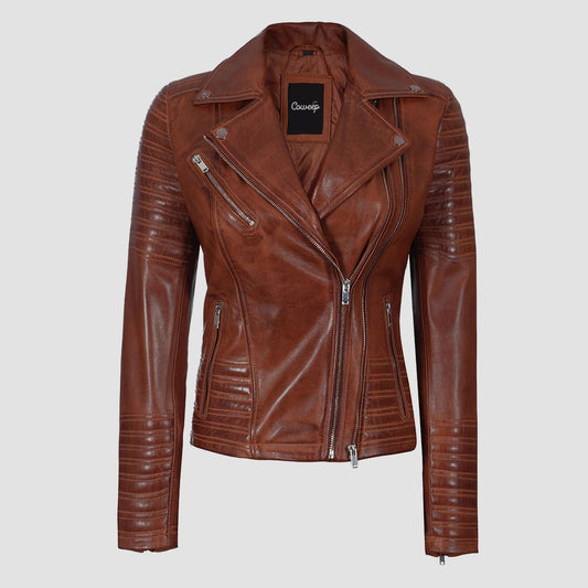 Womens Distressed Cognac Biker Leather Jacket