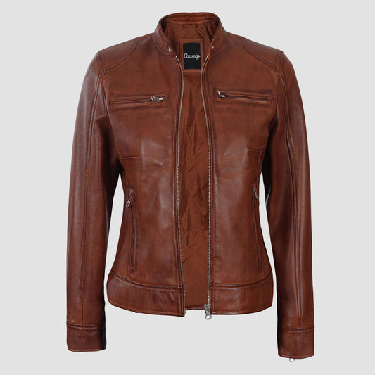 Women Biker leather jacket brown