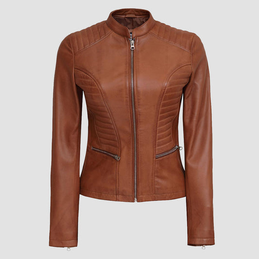 Womens Tan Cafe Racer Leather Jacket