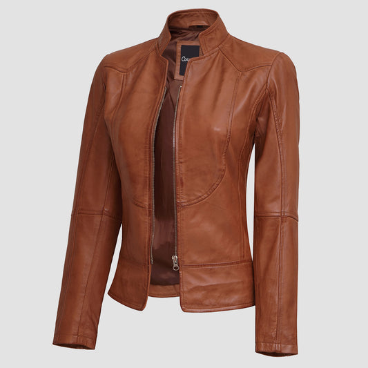 Womens Vintage Tan Leather Biker Jacket