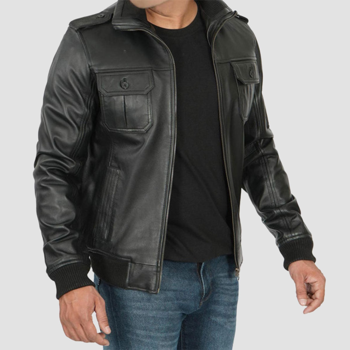 Men Black Vintage Leather Bomber Jacket