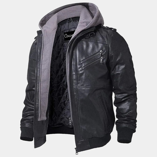 Black Hooded leather jacket for men 