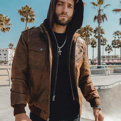 Brown Leather Jacket with hood