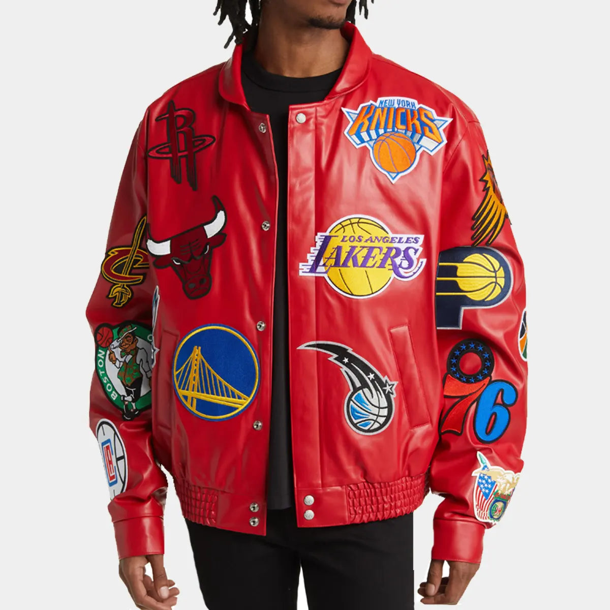 NBA Collage Faux Leather Jacket RED