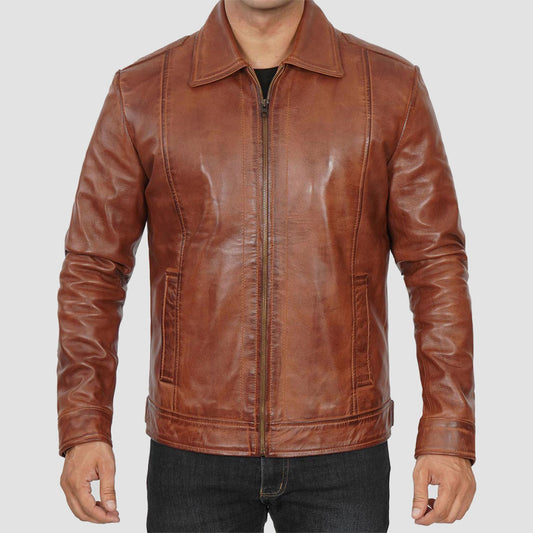 Cafe racer brown leather jacket for men with soft sheepskin leather