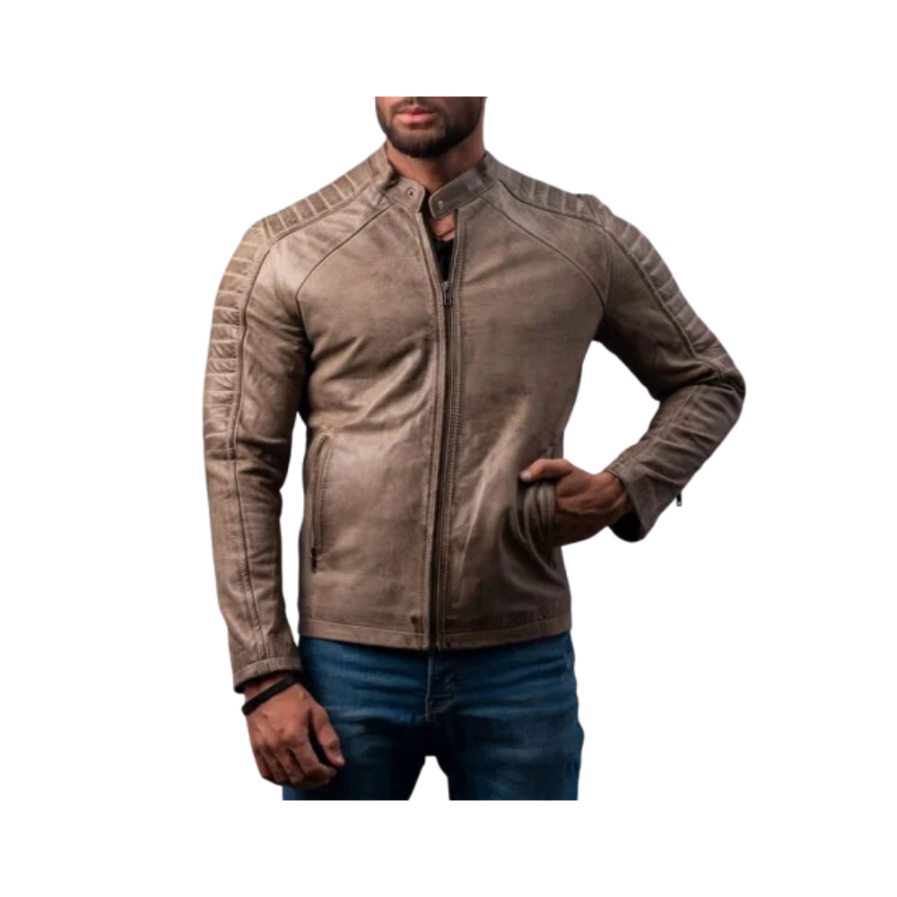 Men's Brown Cafe Racer Genuine Leather Jacket
