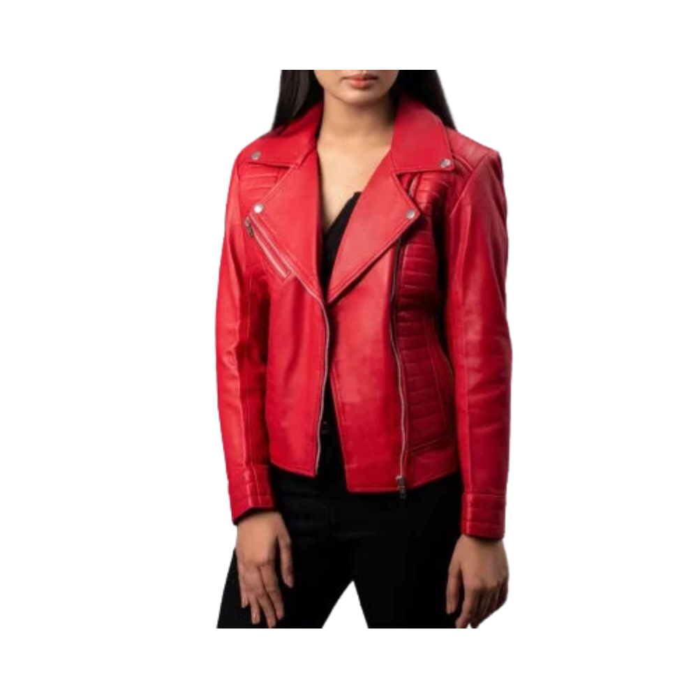 Women's Red Genuine Leather Biker Jacket with Asymmetrical Zipper