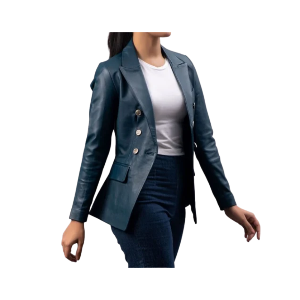 Women's Blue Lambskin Leather Coat with Two-Button Closure